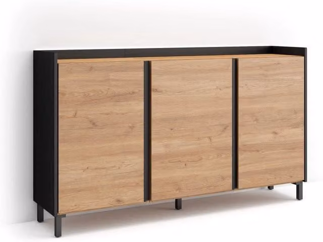 Credenza, Mobile, Cucina, 156x91x35 cm, 3 Porte, Design industriale, LED, Rovere e nero