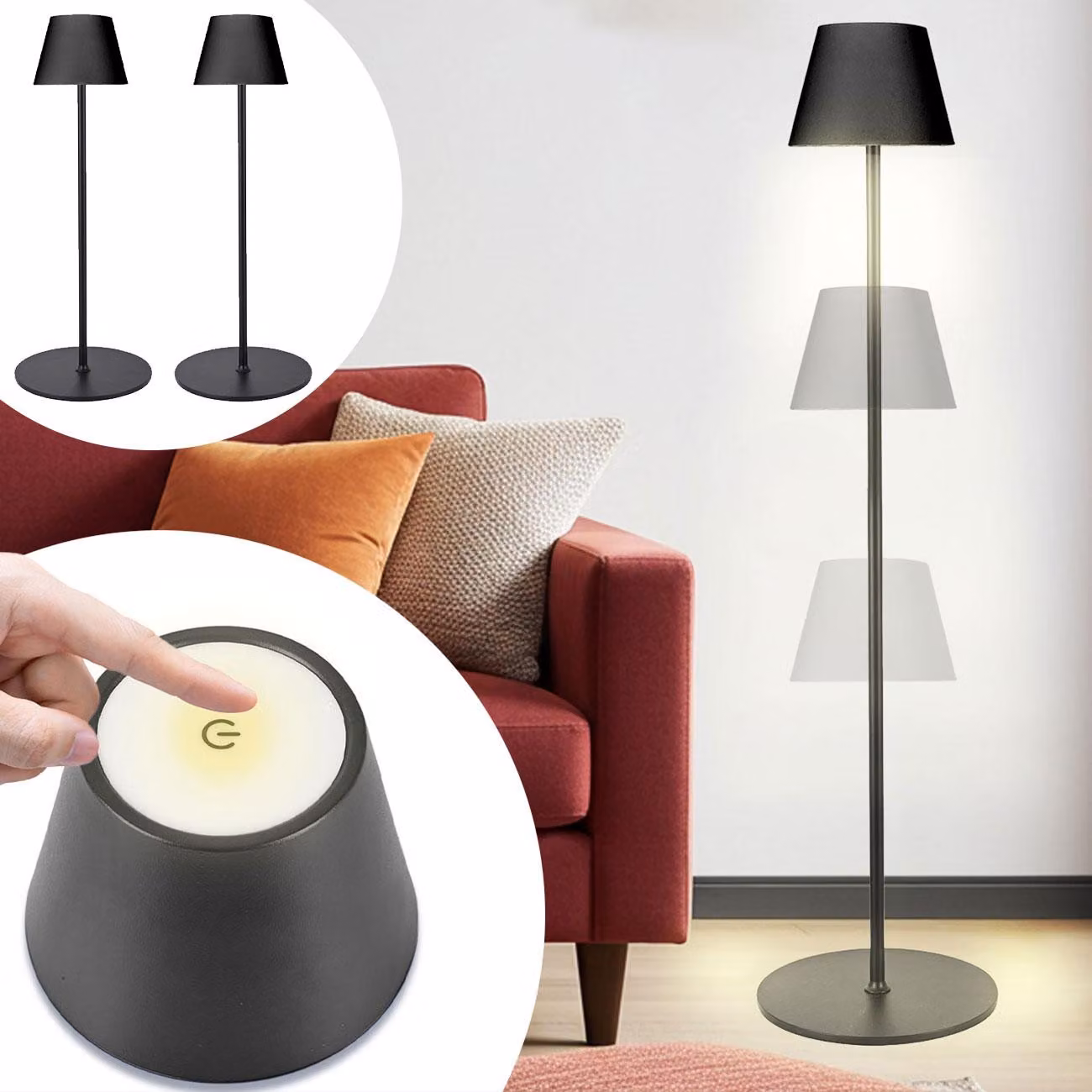 Set di 2 lampade da terra LED regolabili in altezza, con dimmer, colore nero, altezza 50/90/130 cm. Elegante illuminazione d'ambiente per soggiorno, camera da letto, ufficio e spazi esterni