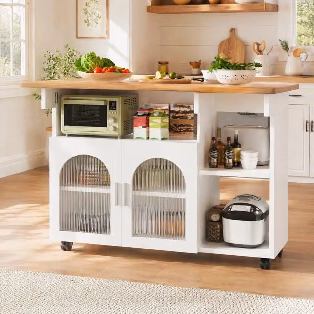 Isola cucina ULEVR 120x30/70 cm con piani ribaltabili, vani portaoggetti e 5 ruote, MDF e vetro