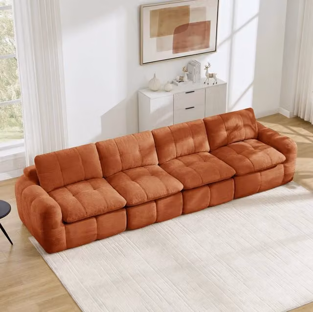 Divano modulare senza telaio in ciniglia arancione; 334 x 97 x 68 cm