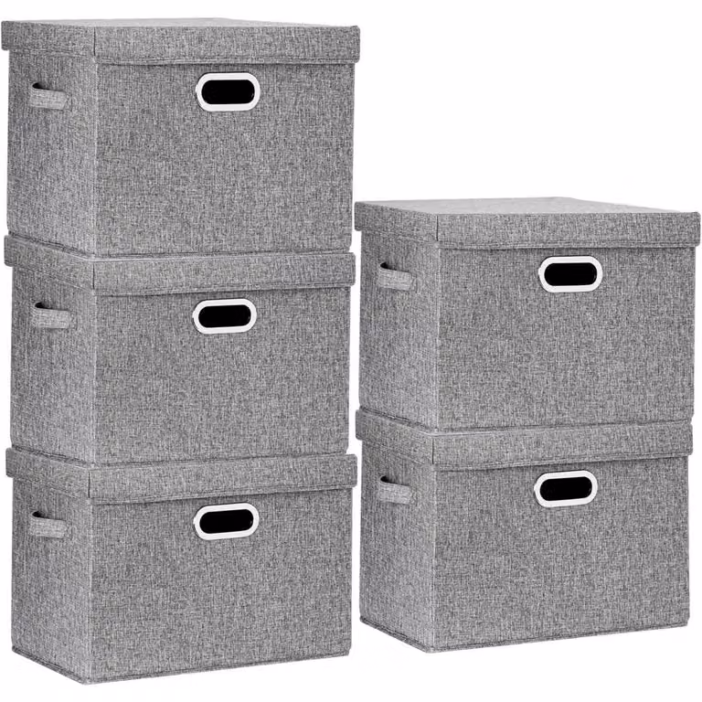 Contenitore con coperchio, in tessuto, pieghevole, lavabile, confezione da 5 pezzi, colore grigio, dimensioni 44x30x29 cm
