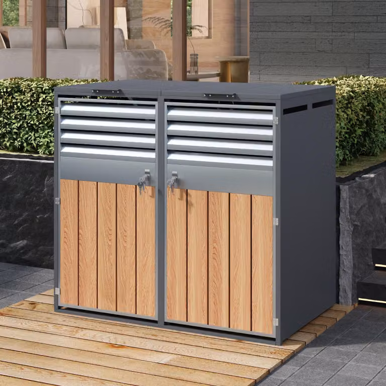 Box per bidoni della spazzatura Merax con coperchio ribaltabile, rivestimento per bidoni della spazzatura con fessure di ventilazione e effetto legno, 2 scomparti, box per bidoni della spazzatura chiudibile a chiave per giardino