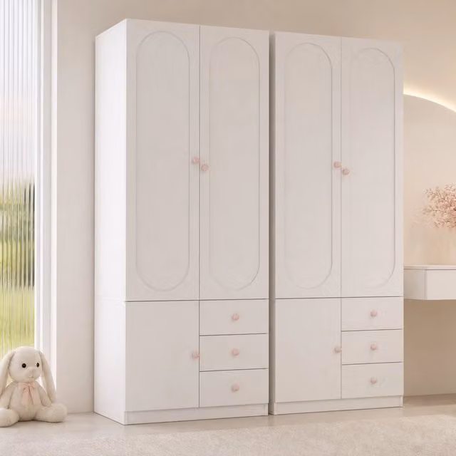 Armadio con 2 ante e 3 cassetti con appendiabiti e ripiani in MDF bianco con finitura laccata e maniglie rosa