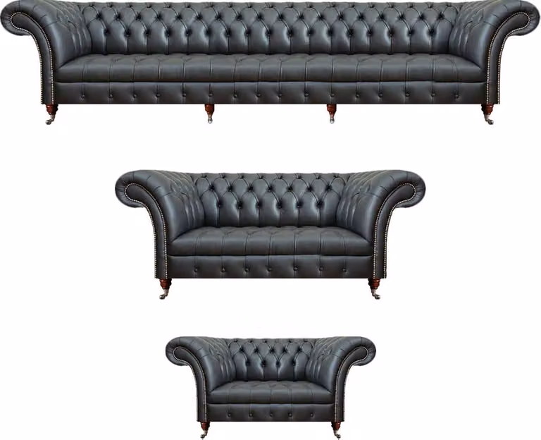 Wohnzimmer Set 3tlg Leder 2x Sofas Schwarz Sessel Polstermöbel Chesterfield