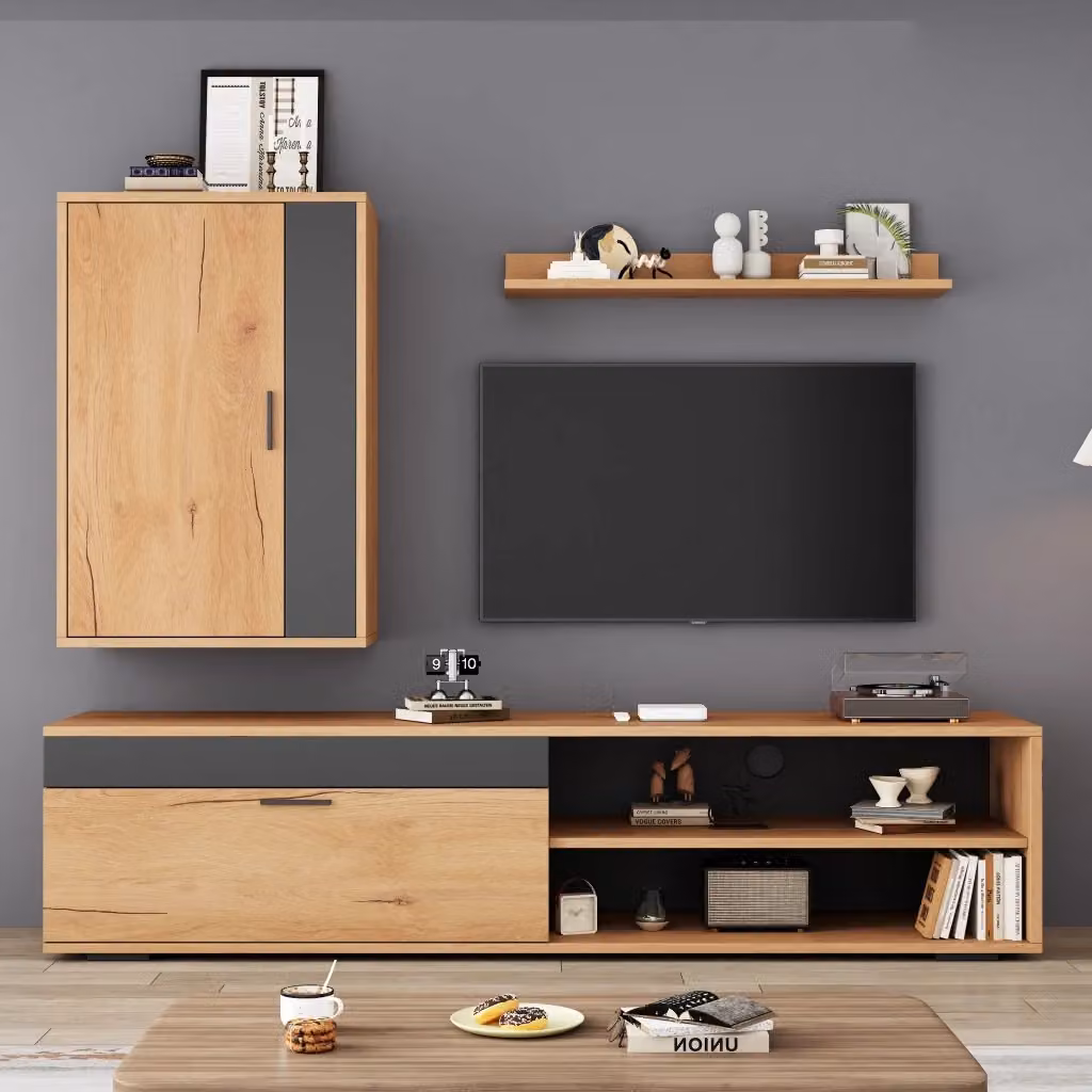 Cassettiera TV KOMHTOM moderna in MDF color rovere e nero L: 140 cm, P: 39 cm, H: 35 cm – 2