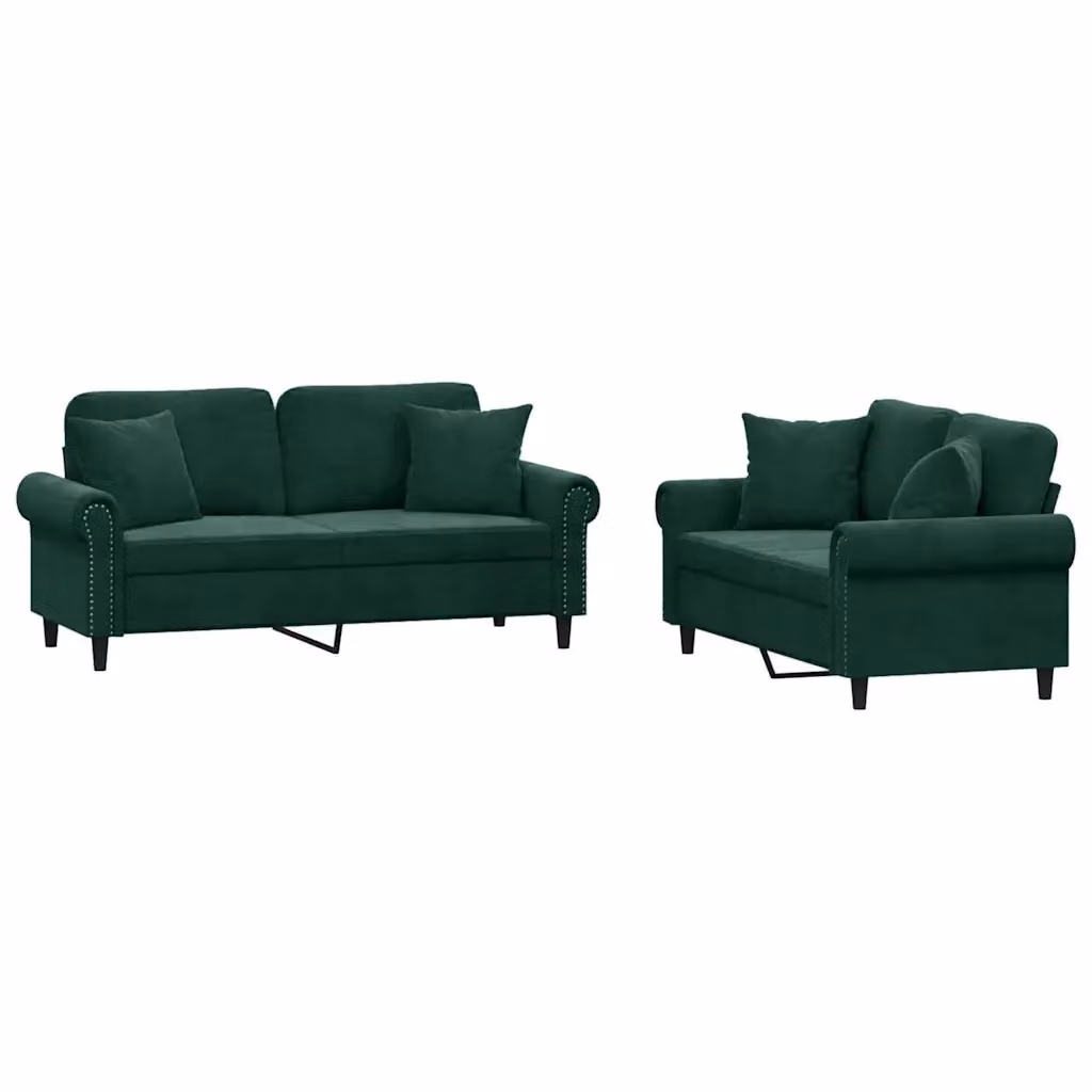 Set di 2 Divani vidaXL in Velluto Verde con Cuscini e Struttura Imbottita Moderna – 2