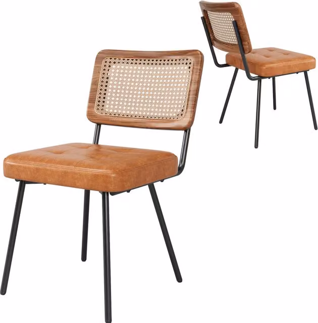 Sedia da Pranzo Ergonomica in PU con Schienale in Rattan e Gambe in Metallo, 61x46x79 cm, Set da 2, Colore Nero