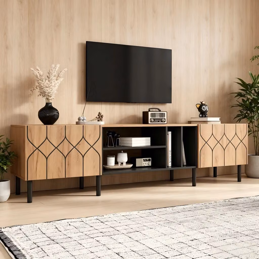 Mobile TV REDOM moderno in MDF nero e beige con 2 ante, L 180 cm x P 40 cm x H 50 cm – 2