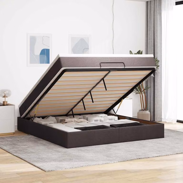 vidaXL Struttura Letto con Materasso e Contenitore Lift-up in Tessuto, L/P: 160 x 200 cm, Marrone e Bianco