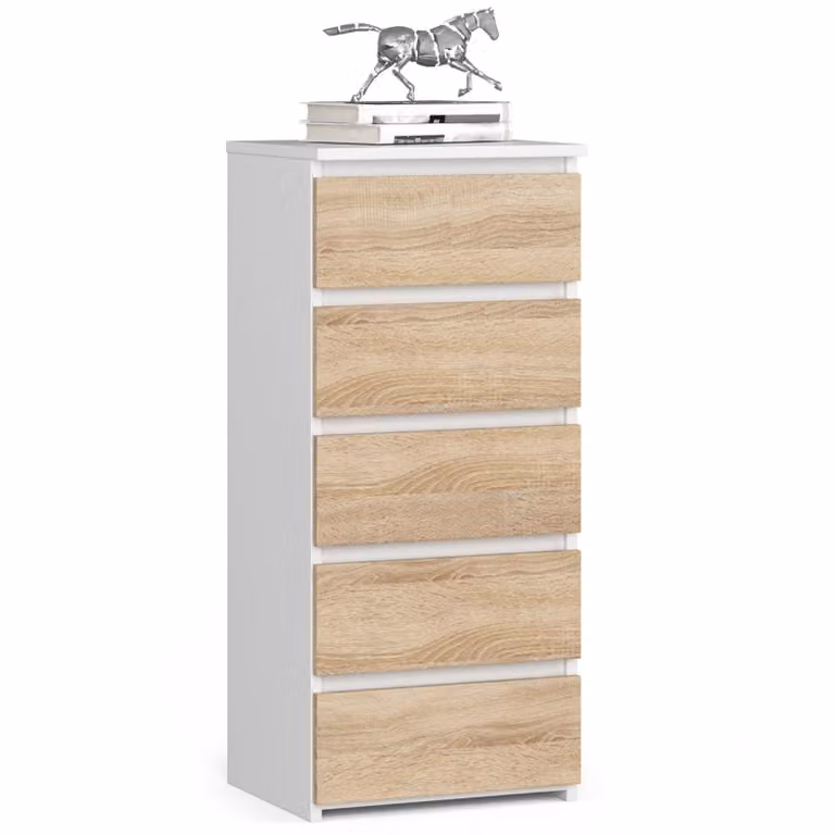 Comò 40 cm in bianco rovere sonoma con 5 cassetti per camera da letto e cameretta