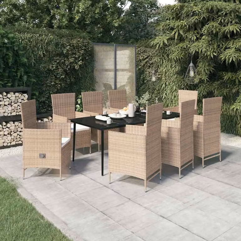 Set da pranzo da giardino vidaXL in polyrattan con cuscini beige e tavolo in vetro per 9 persone