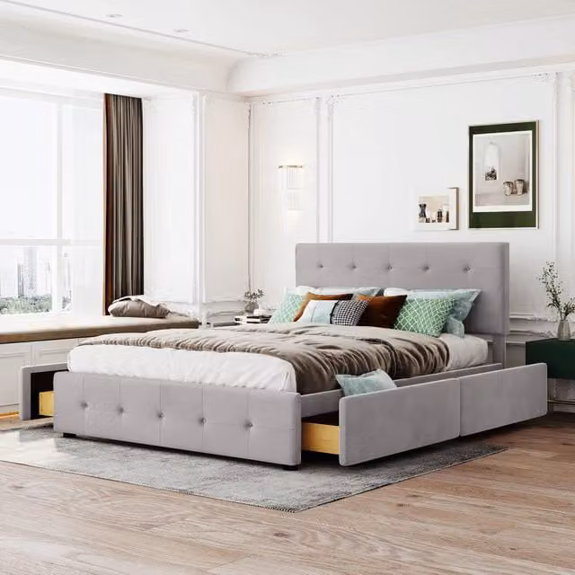 Letto matrimoniale 200×140 cm con 4 cassetti e testiera imbottita, senza materasso, rivestimento grigio