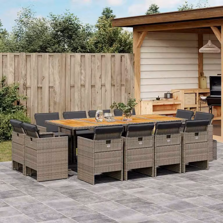 Set da Pranzo da Giardino vidaXL in Polyrattan e Legno di Acacia con 13 Pezzi e Cuscini, Grigio e Marrone