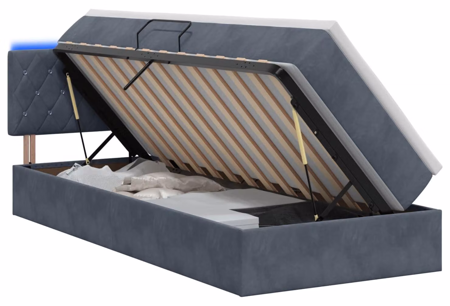 Letto imbottito con tecnologia LED, dotato di materasso, colore grigio scuro, dimensioni 90 x 190 cm, rivestito in velluto