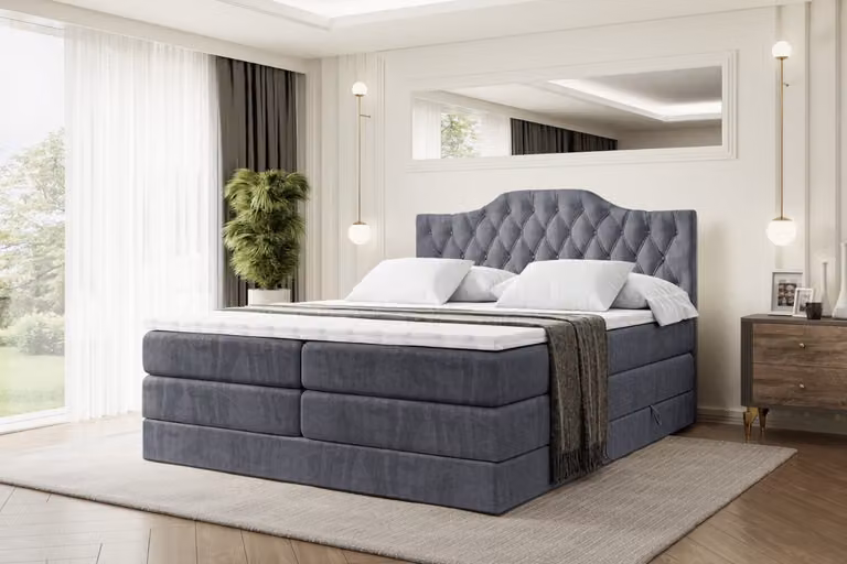 Letto boxspring ALTDECOR con 2 materassi e topper - 180x200 cm - VILA-1 KING - Velluto grigio scuro - Letto imbottito con materassi H3 e H4, contenitore e rete a doghe, letto con spazio contenitivo