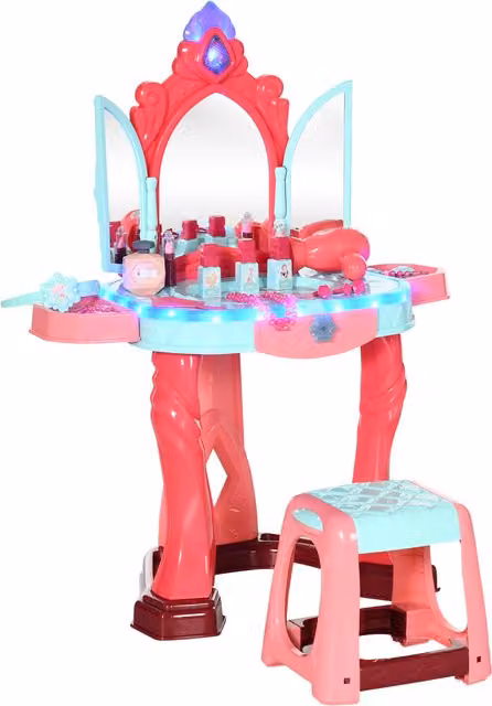 AIYAPLAY Tavolino Toeletta per Bambine con Sgabello, Specchio, Luci e Accessori, Multicolore, L: 57 cm, P: 34 cm, H: 76 cm