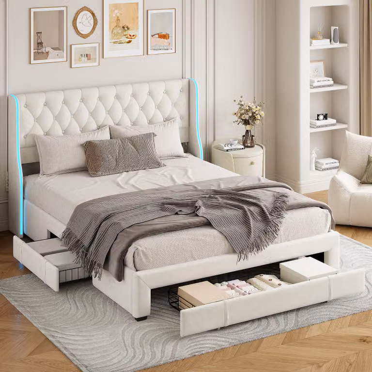 CDGlobal letto imbottito 160x200cm, letto matrimoniale con cassetti e rete a doghe, letto contenitore letto matrimoniale con LED, letto in legno letto giovanile letto contenitore letto funzionale letto in velluto, beige