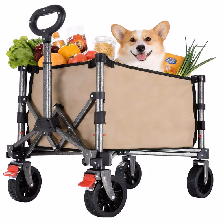 Carrello pieghevole, capacità 65 litri, portata 50 kg, con freno di stazionamento, ideale per il campeggio