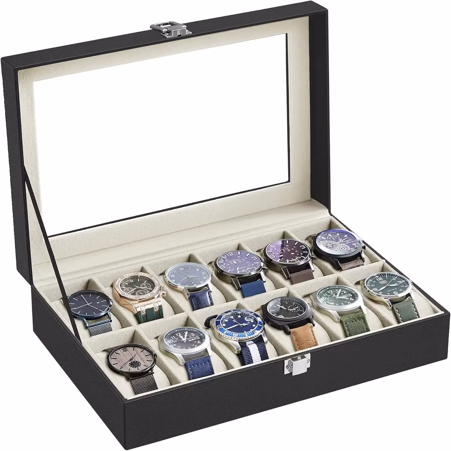 Scatola per orologi, organizzata per 12 orologi, con serratura di sicurezza, dotata di 12 scomparti