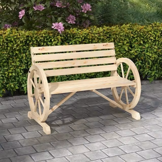 Panca da giardino ULEVR 2 posti in legno massello di abete, stile rustico con braccioli a ruota di carro, naturale