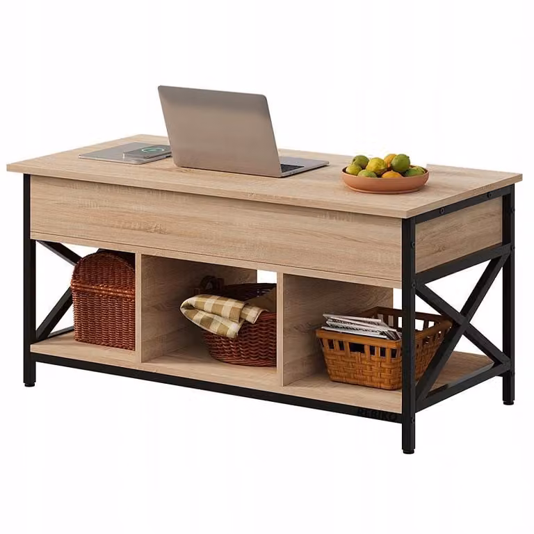 Tavolino da caffè in legno stile loft, allungabile, sollevabile, con vano portaoggetti, 100 cm