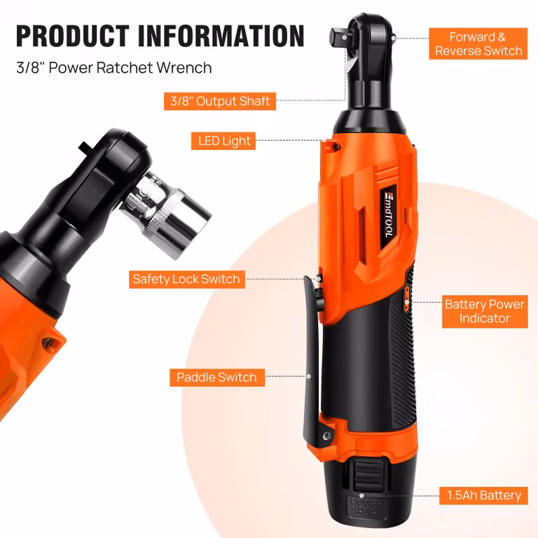 Chiave a cricchetto elettrica - Batteria 12 V - Attacco quadrato da 9,5 mm - 2300 giri/min - 2 batterie agli ioni di litio da 1,5 Ah - Caricabatterie - Adatta per auto, biciclette e lavori di bricolage