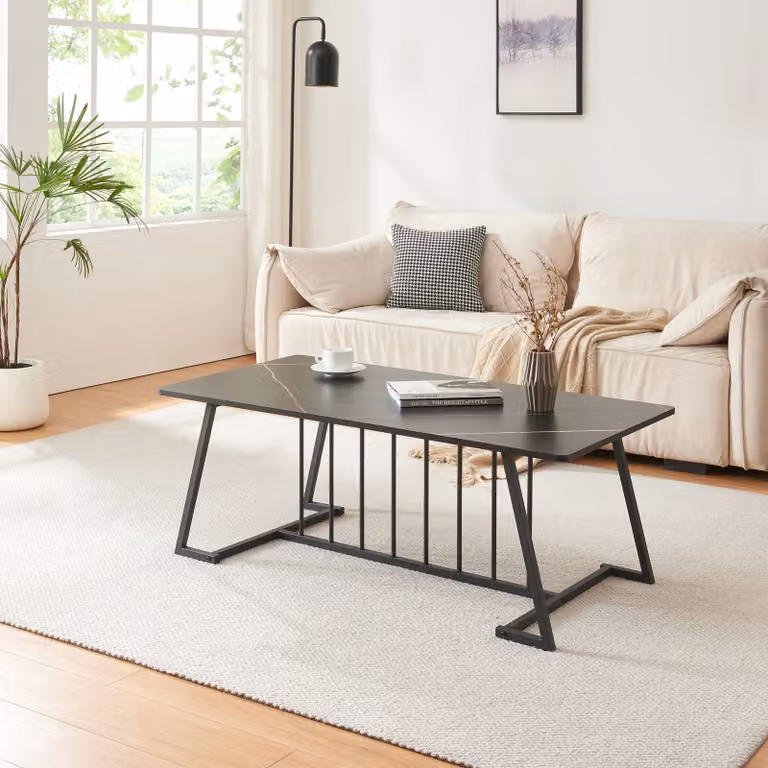 Tavolino 'Nospoo' Tavolo da soggiorno con struttura in metallo 120 x 60 x 46 cm aspetto marmo, nero