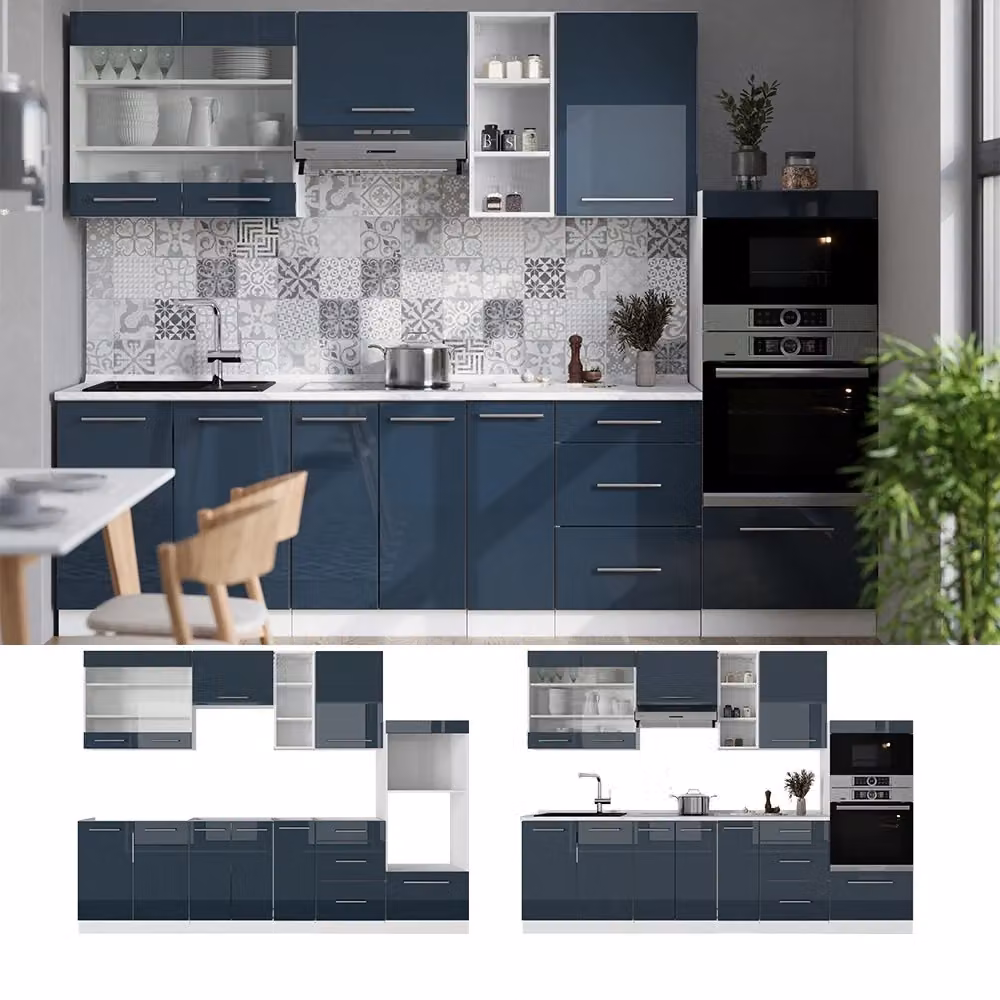 Cucina componibile moderna Fame-Line Vicco Blu scuro lucido e Bianco con dettagli Rovere, L: 280 cm – 2