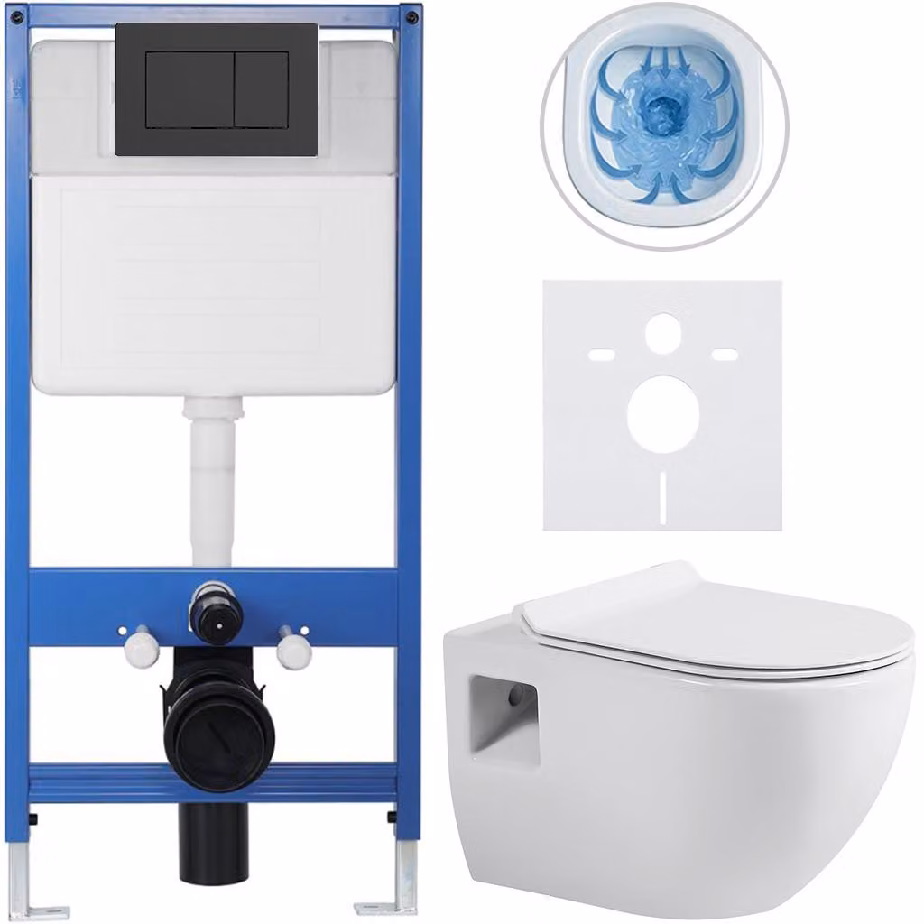 Set completo per WC sospeso Lite/Dure - bianco lucido - pulsante per WC Classic, nero opaco - installazione a muro/con pannello in cartongesso - 51x35 cm