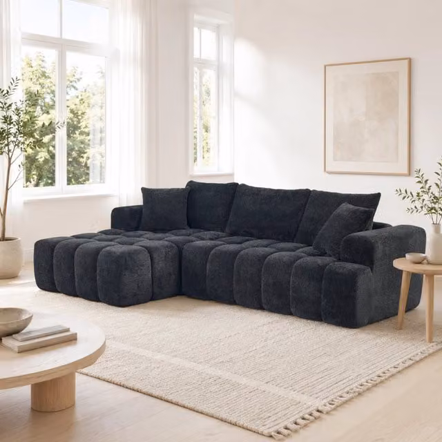 Divano angolare modulare in velluto nero con chaise longue e cuscini inclusi