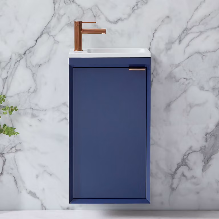 Mobile Bagno Sospeso Blu Marino 400mm con Lavabo e Maniglia con Impugnatura a Dito in Rame Satinato - Edge