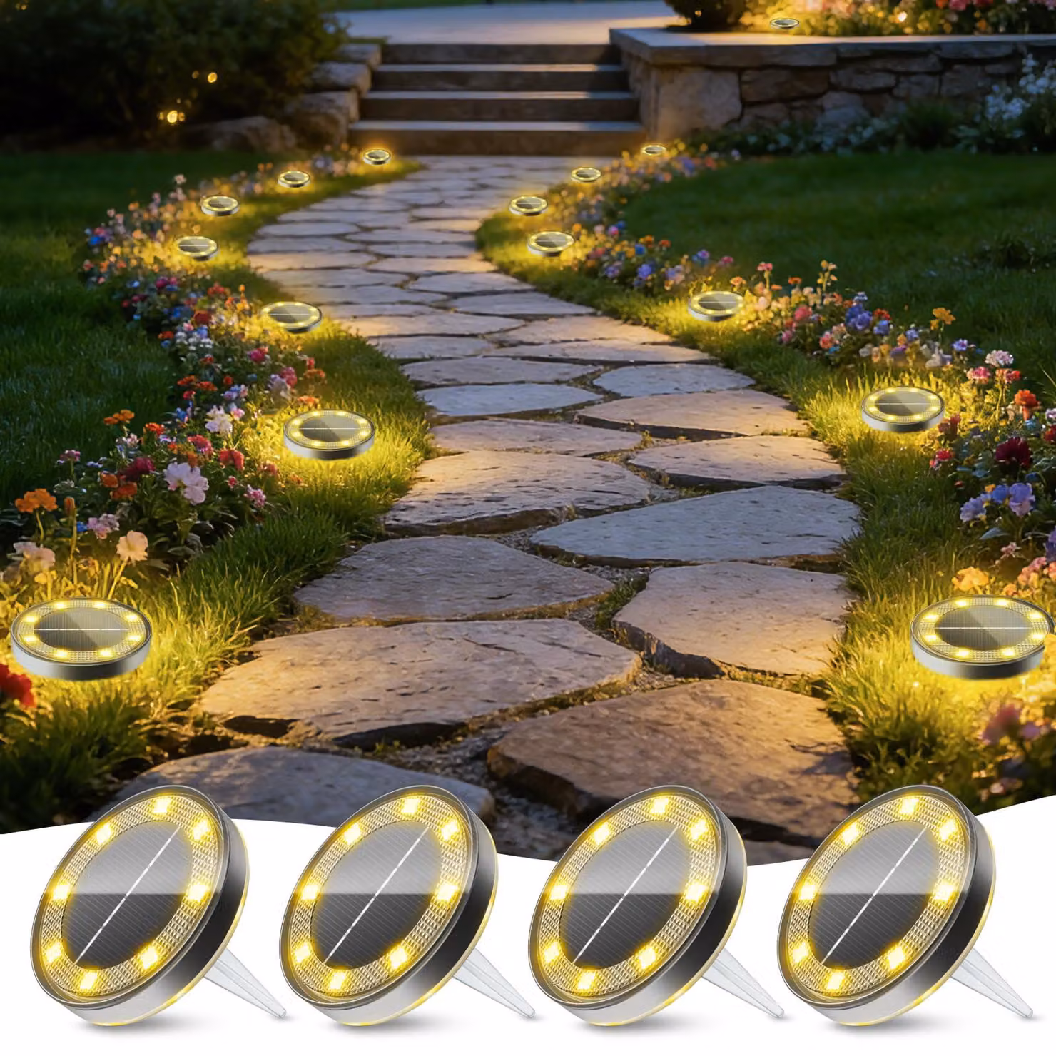 4 luci da giardino solari, con 13 LED, grado di protezione IP65, luce bianco caldo, ideali per vialetti e prati