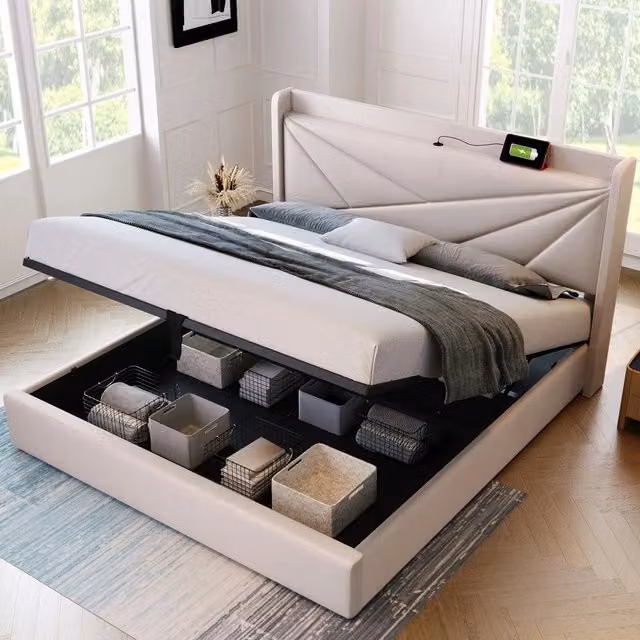 Letto imbottito contenitore con rete a doghe ¨C Minimal ¨C Tessuto lino 140x200 cm con USB tipo C con materasso