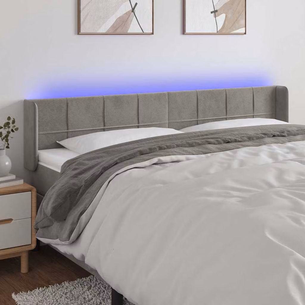 Testiera per letto vidaXL in velluto grigio con illuminazione LED e porta di ricarica USB, L 183 cm, P 16 cm, H 78-88 cm
