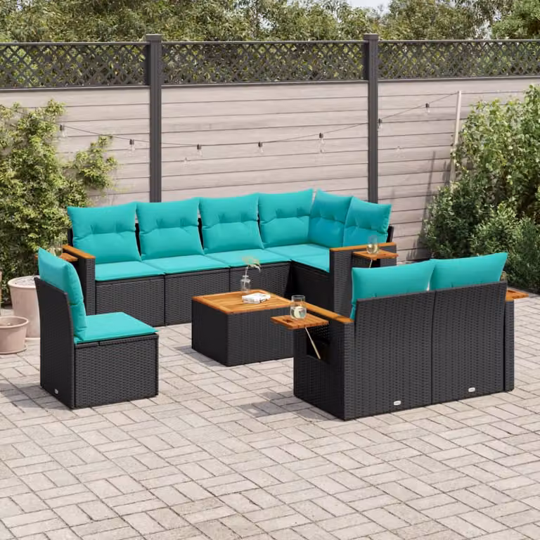 vidaXL Set Divani da Giardino a L in Polyrattan con Cuscini e Tavolino da Esterno, 9 Pezzi, Nero
