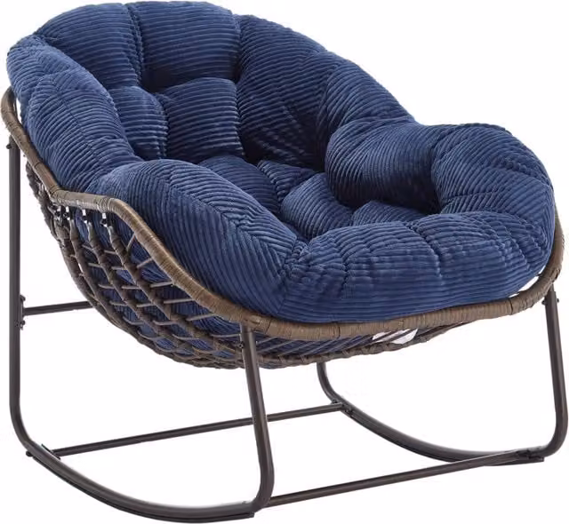 Sedia a dondolo in rattan sintetico con cuscino; 78x106x90 cm; blu navy