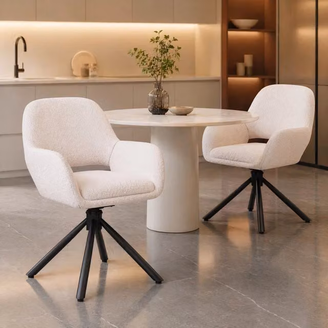 Set di 2 sedie girevoli moderne con braccioli in tessuto sherpa bianco e struttura in metallo per ufficio o casa – 1