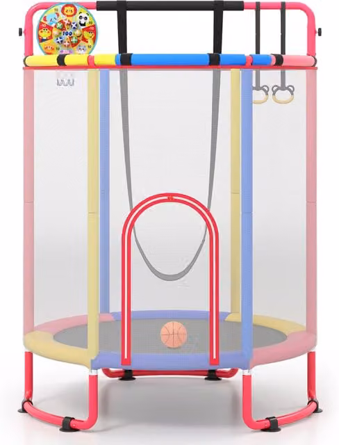 Trampolino 6in1 per bambini con rete di protezione, altalena, anelli, canestro e sbarra, uso interno ed esterno, Multicolore