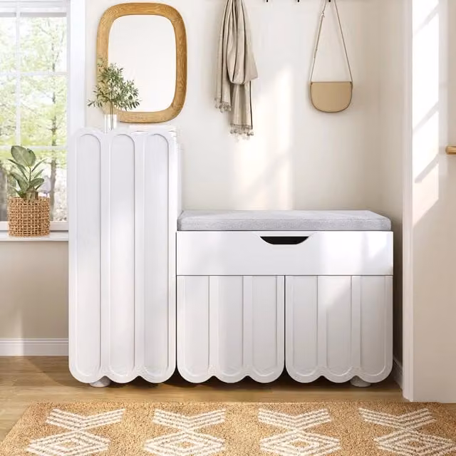 Scarpiera con Panca e Cassetto Minimal Bianco per Ingresso e Camera da Letto L 74.5 cm x P 35 cm x H 90 cm