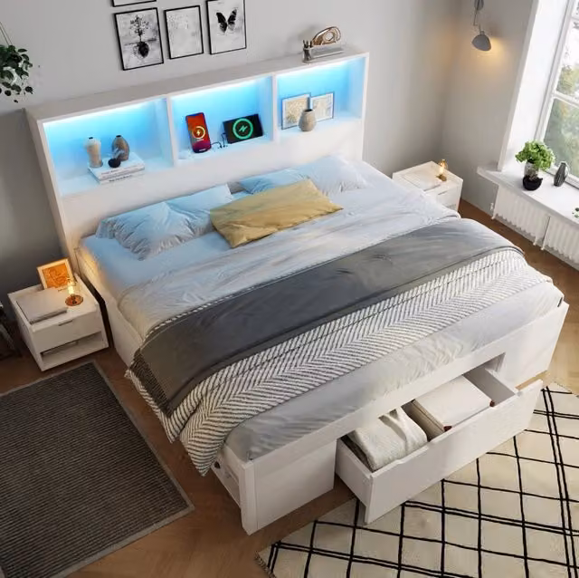 Letto matrimoniale ULEVR 140x200 cm bianco con LED, USB-C, cassetto e 2 comodini mobili