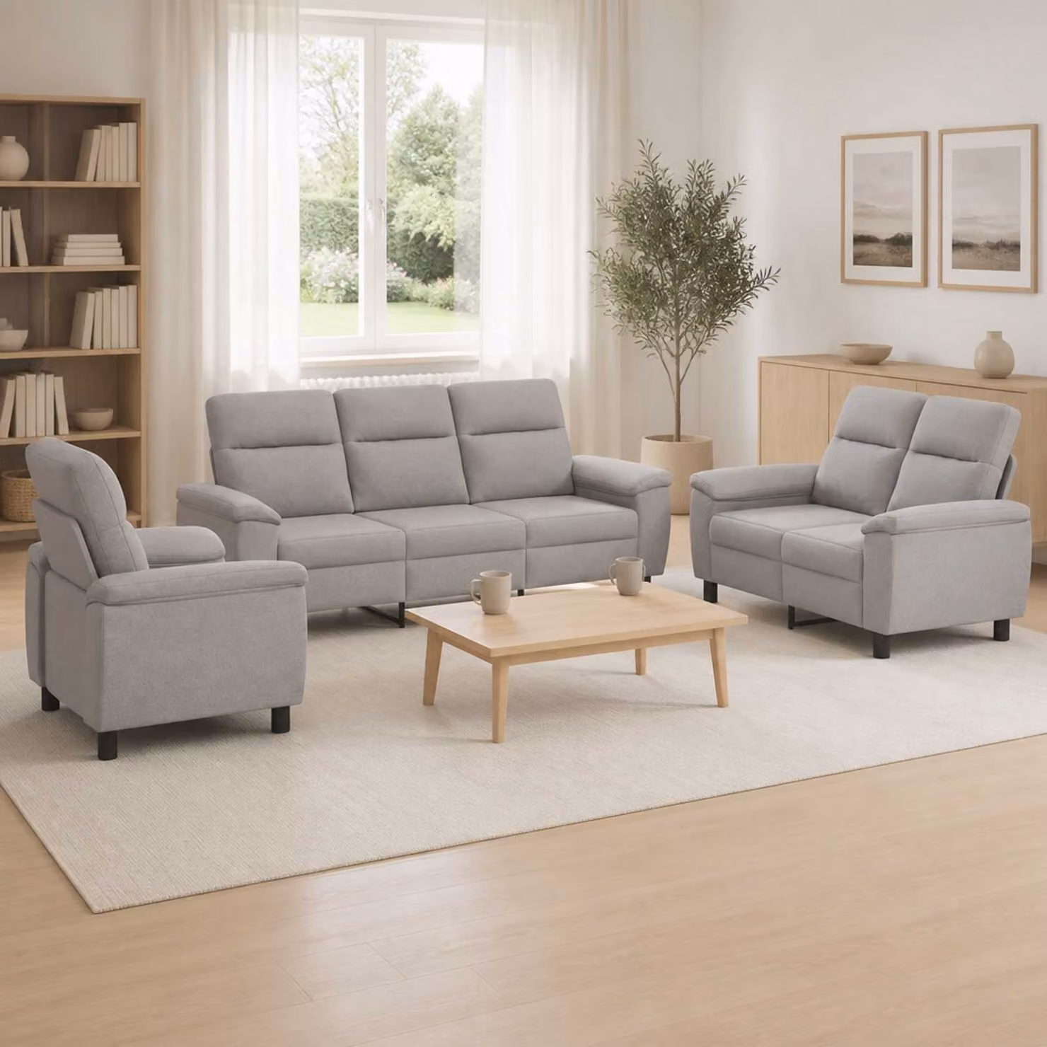 Set di divani moderno vidaXL composto da 3 pezzi in tessuto grigio con struttura in metallo e cuscini inclusi