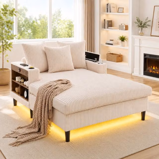 Chaise longue velluto a coste beige 129x170x70 cm 1 posto con porta bicchieri, illuminazione LED, vano contenitore e porta USB integrata.