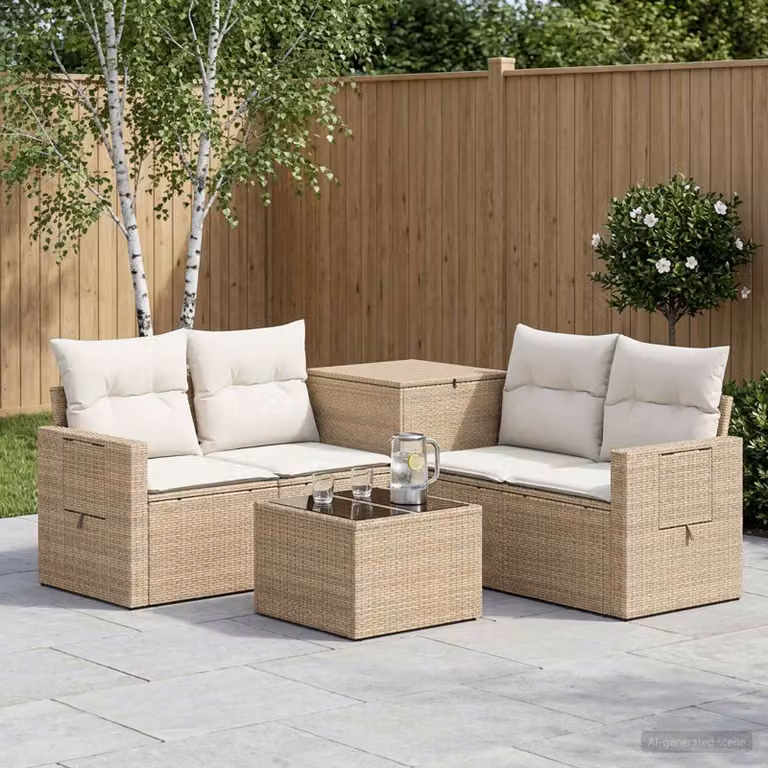 Set di divani da giardino vidaXL a forma di U in polyrattan con tavolo da caffè, colore beige e bianco crema
