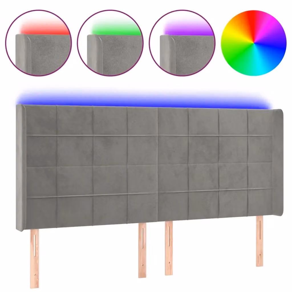 Testiera con LED Design Mania in Velluto Grigio con Porte USB L/P/H: 163 x 16 x 118/128 cm – 2