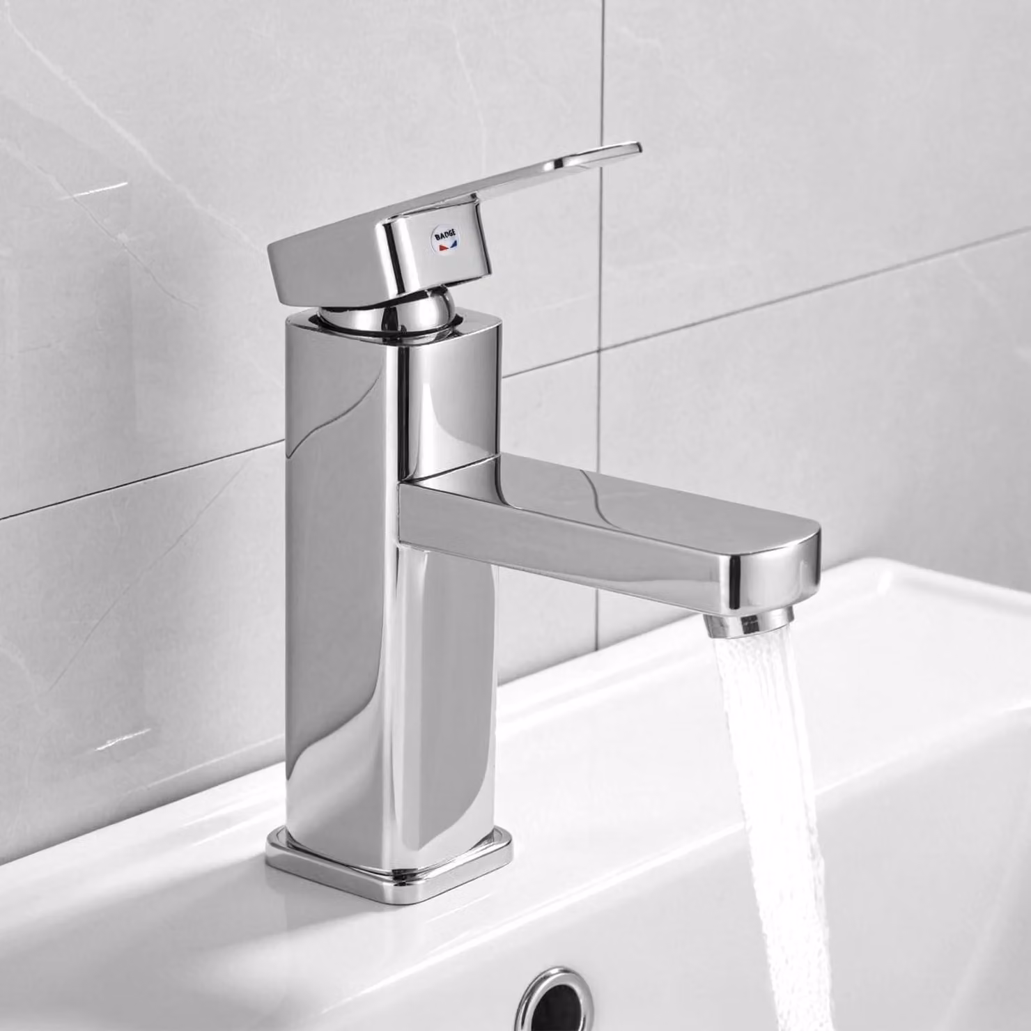 Miscelatore per lavabo, monocomando, acciaio inossidabile, ottone, finitura argento opaco, acqua calda/fredda