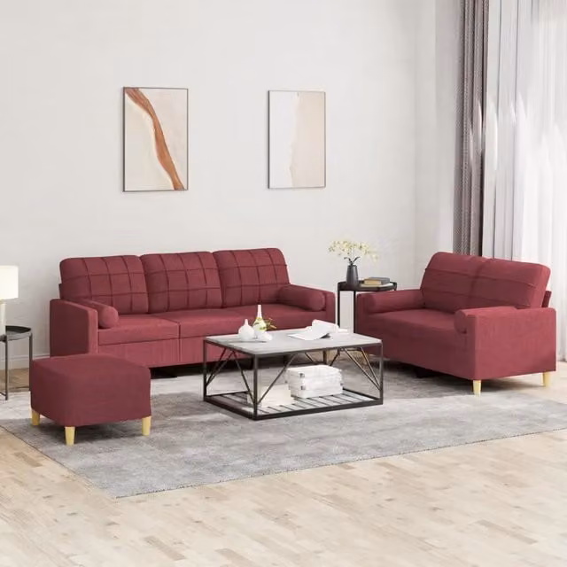 Set di divani vidaXL composto da un divano a 3 posti, un divano a 2 posti e un pouf, rivestiti in tessuto rosso con cuscini inclusi per il tuo soggiorno