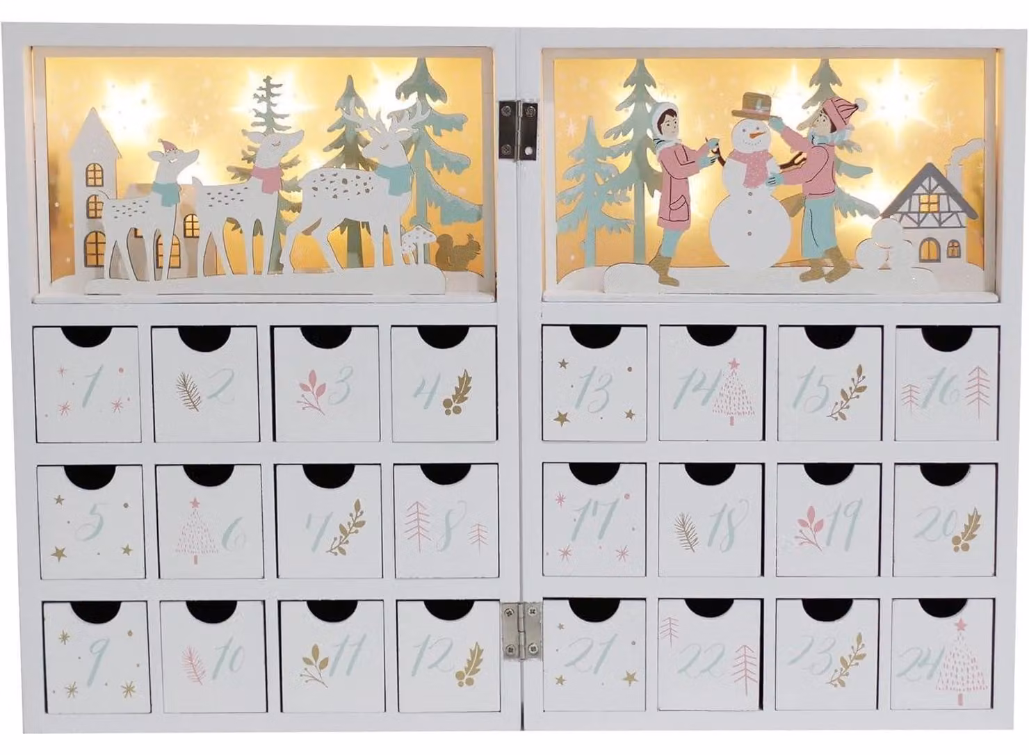 Calendario dell'Avvento in legno con 24 cassetti, dotato di luci LED, ideale per essere riempito