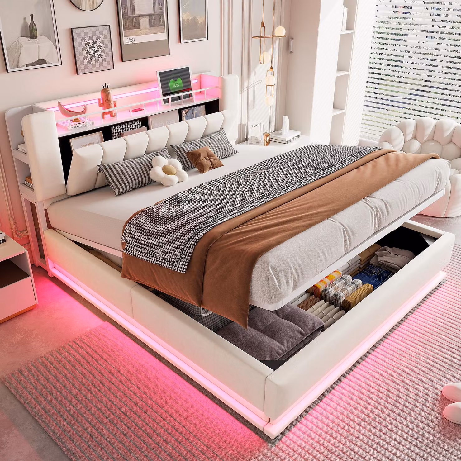 Letto imbottito STILVORA 180x200 cm con illuminazione a LED Struttura letto con porta USB Letto contenitore con vano portaoggetti idraulico, morbido rivestimento in velluto, telaio in metallo, senza materasso, beige