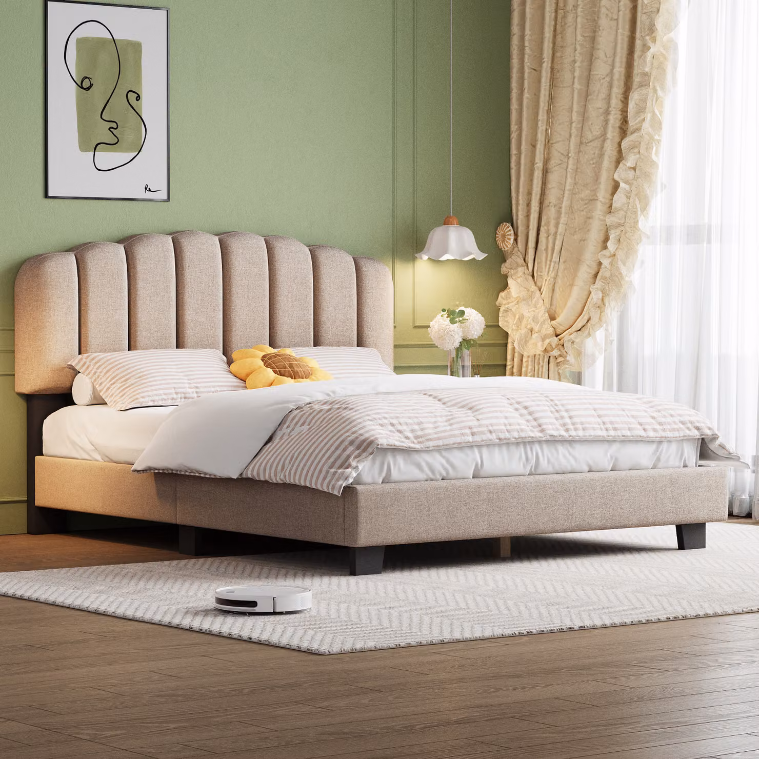 AIORBER Letto imbottito, 140 x 200 cm, Testiera regolabile, Lino, Testiera di grande effetto, con rete a doghe (senza materasso), Per camera da letto, Beige