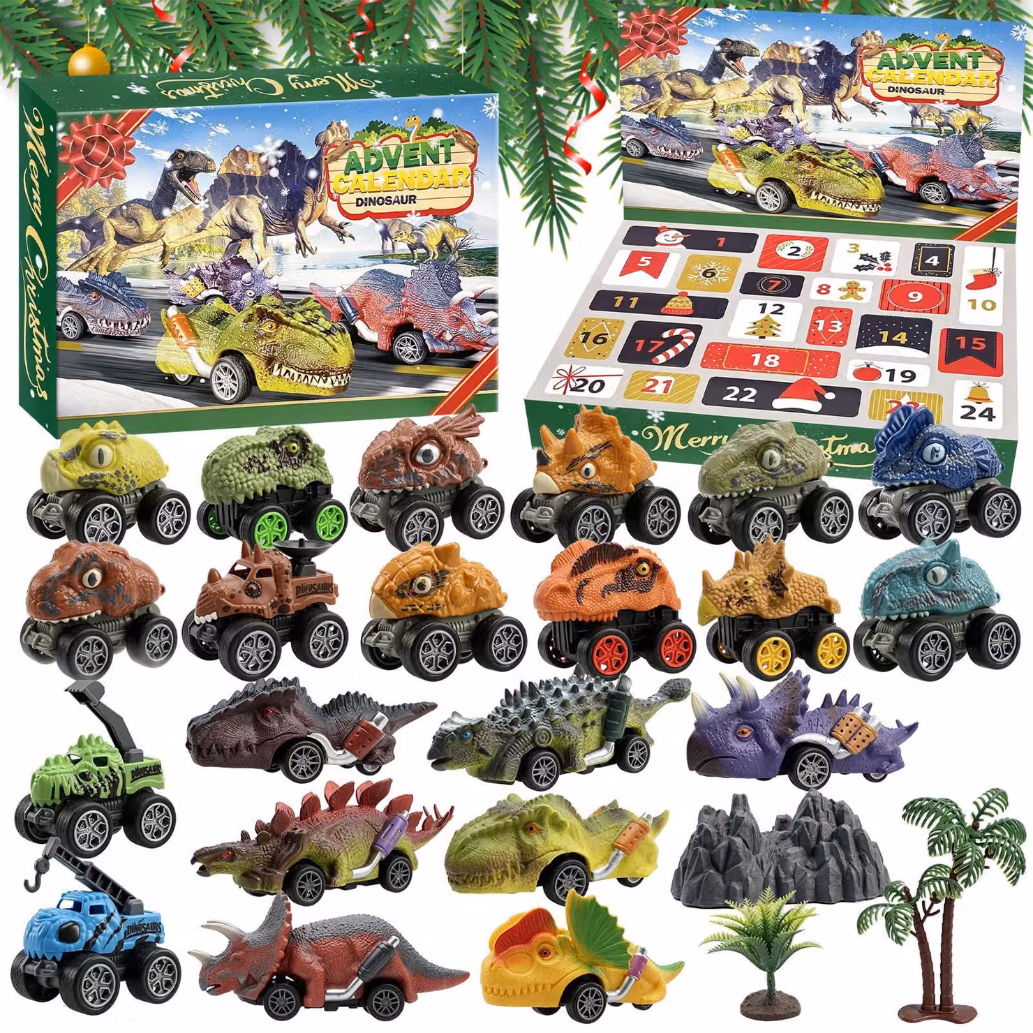 Calendario dell'Avvento a tema dinosauri per auto, 2026, composto da 24 pezzi, con meccanismo a scatto
